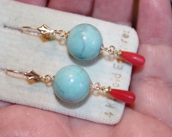 Vintage 14K Turquoise Ball & Italian Red Coral Teardrop Lever back Earrings