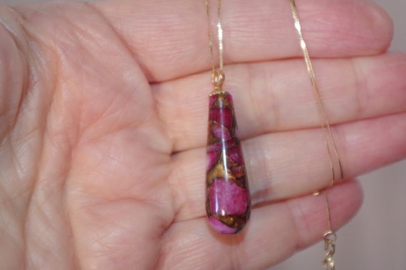 14k Solid Gold Ruby Zoisite Teardrop Pendent - image 1