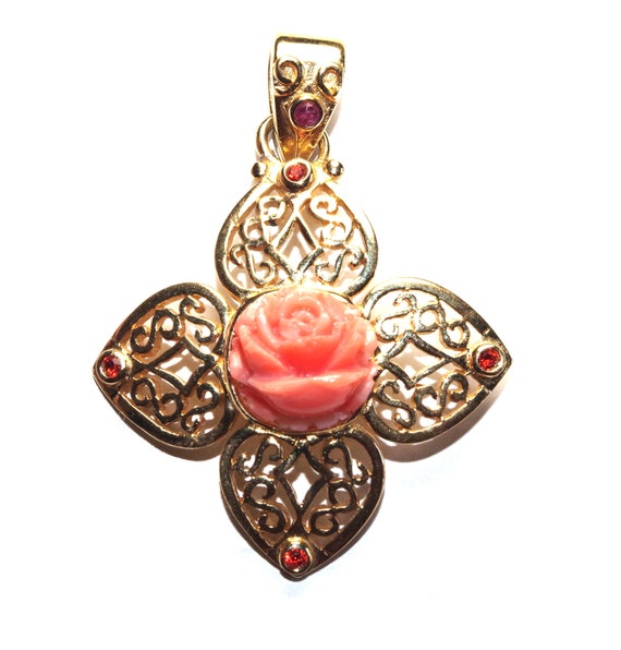 Carved Rose Flower  Salmon Coral Pendent with Red 