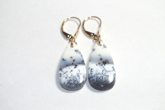 Large Dendrite Opal Drops, Solid 14k Gold lever b… - image 2