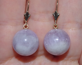 14K Lavender Jade 15MM Round Ball Leverback Earrings AAA