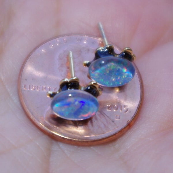 Firey Black 8MM Genuine Opal Sparkle Stud Earrings In 14K GF