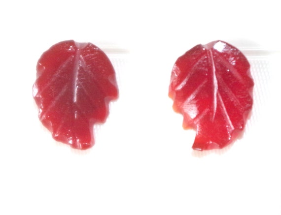 Carved Leaf Genuine Red Carnelian Vintage Stud Ea… - image 1