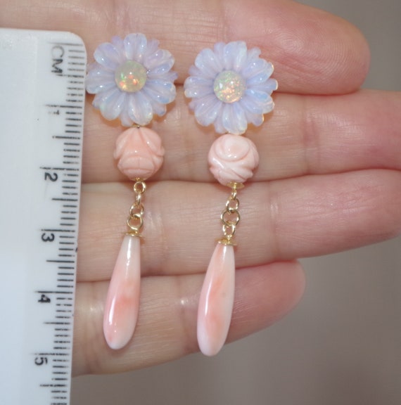 Exquisite 14K Carved Flower Opal Studs & Angel Ski