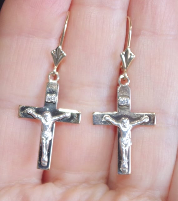 14K Quality Cross With Jesus Lever Back Earrings … - image 1