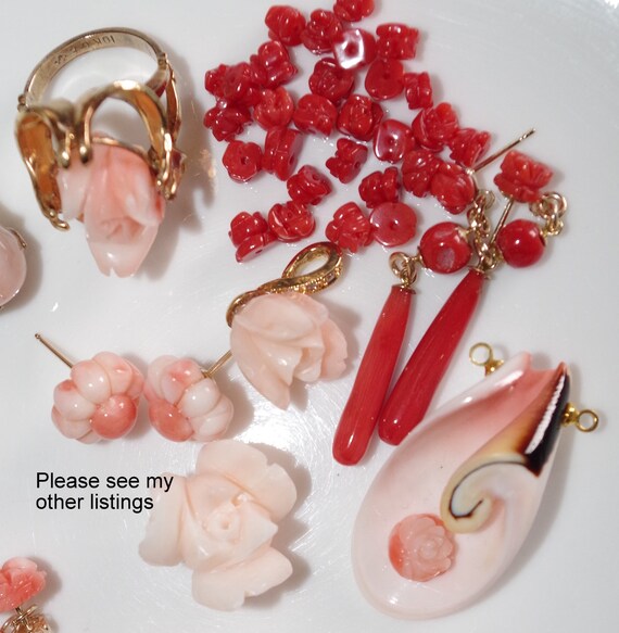 Carved Angel Skin Rose Coral Heart Drop Earrings:… - image 9