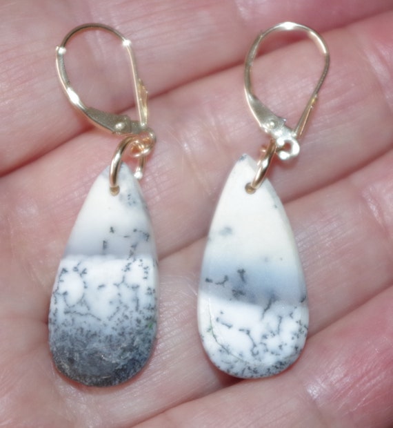 Large Dendrite Opal Drops, Solid 14k Gold lever b… - image 8