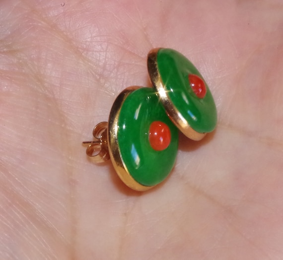 15MM Round Green Jade & 4MM Italian Red Coral 14K… - image 2