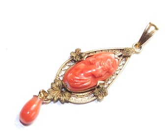 Victorian 10K Rose Gold Carved Red Coral Cameo Pendant