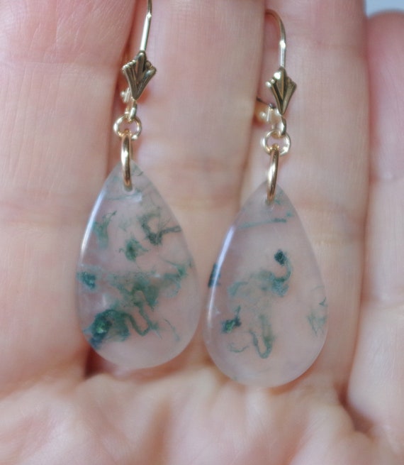 Large Moss Agate Drops, Solid 14k Gold leverback … - image 5