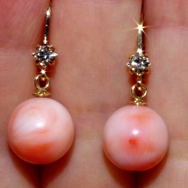 Angel Skin Coral Drop 10-11 MM Ball Antique Gorgeous 14K Gold Filled Leverback Earrings with CZ