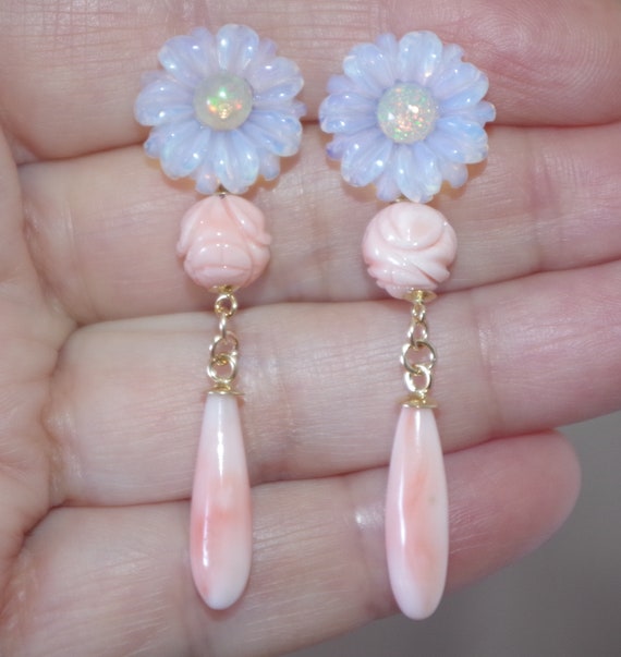 Exquisite 14K Carved Flower Opal Studs & Angel Sk… - image 2