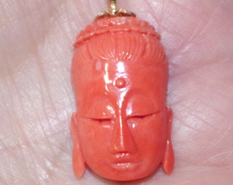 14K Antique Large Carved Red Kwan Yin Buddha Pendent statue