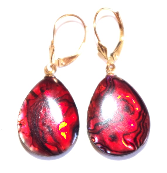 Red Faceted Abalone Shell Tear Drop Lever back Ea… - image 1