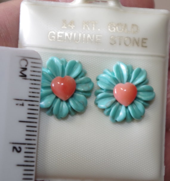14K Turquoise Carved Flower Jackets With Dome Hea… - image 4