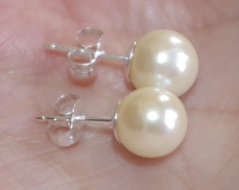 Old Stock 8MM Majorca Golden Champagne Round Pearl Stud Earrings Sterling Silver