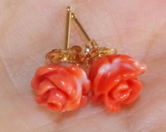 Handmade Exquisite Italian 14K Redish Salmon Coral 7.5-9MM Carved Petite Rose Raised Fancy Stud Earrings
