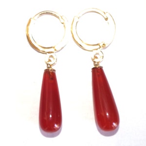Vintage Gorgeous Genuine 14K GF  Red Jade Teardrop Hoop Earrings