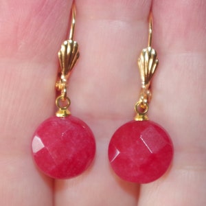 14K GF 37 MM Chinese Red Jade 13 MM Fancy Faceted Round  Leverback Earrings
