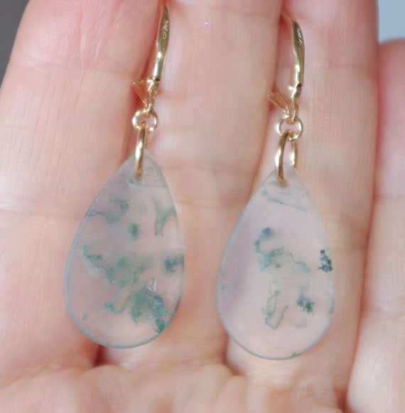 Large Moss Agate Drops, Solid 14k Gold leverback … - image 8
