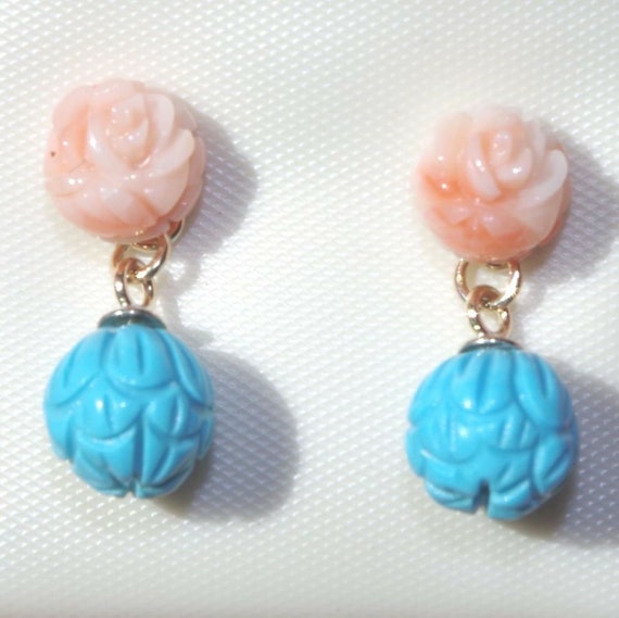 14K Angel Skin Coral Rose Stud Earrings With Slee… - image 1