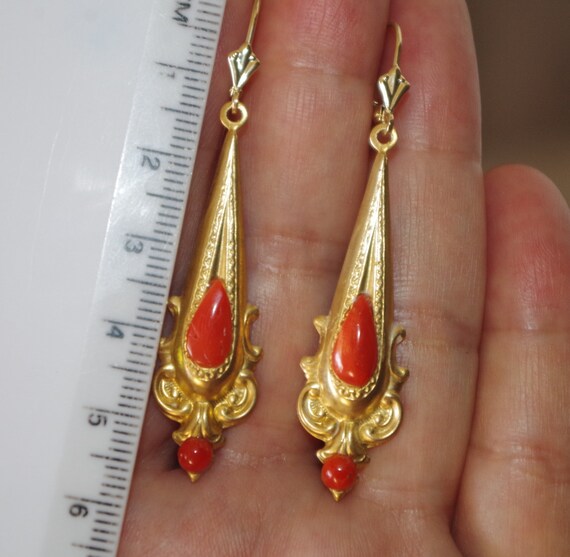 Italy  Red  Coral  Antique 14K Fluer De Lis  leve… - image 4