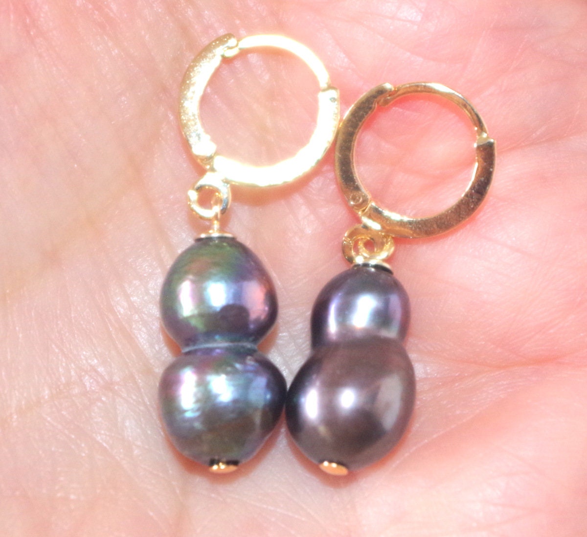 Orecchini Pendenti A Goccia Con Perle Keshi Nere Naturali - 15x27mm, Montatura In Oro 14k, #f3166