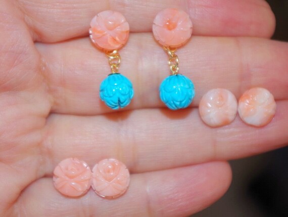 14K Angel Skin Coral Rose Stud Earrings With Slee… - image 9