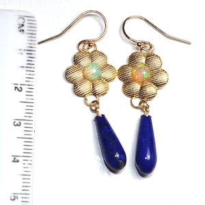 Handmade 14K GF Ethiopian Opal Flower W Red Coral Drop CZ Leverback Earrings
