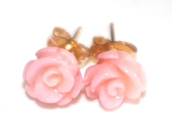 Gem Quality 14K GF 7MM Carved Rose Flower Pink Angel Skin Coral Stud Earrings