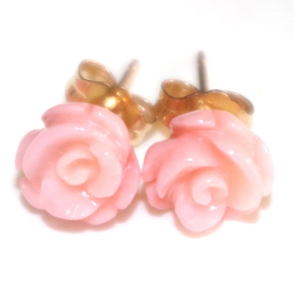 Gem Quality 14K GF 7MM Carved Rose Flower Pink Angel Skin Coral Stud Earrings