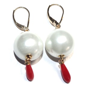 14k Large Round Majorca Pearl with Italian red coral teardrop Lever back Earrings