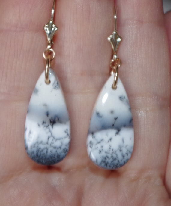 Large Dendrite Opal Drops, Solid 14k Gold lever b… - image 1