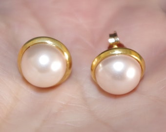 Japan Pink Coated Pearl Round Dome 12MM Stud Earrings 14K Gold Filled