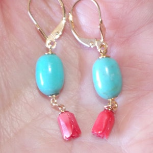 14K Turquoise Sleeping Beauty W Italian Carved Rose  Red Coral Teardrop Leverback Earrings