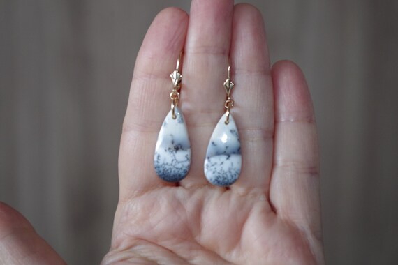 Large Dendrite Opal Drops, Solid 14k Gold lever b… - image 10
