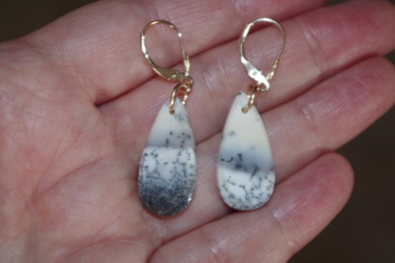 Large Dendrite Opal Drops, Solid 14k Gold lever b… - image 9