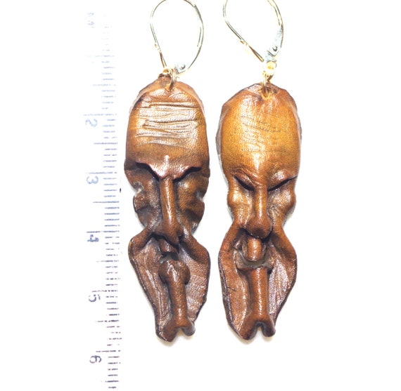 Antique 14K Unique Carved Handmade Wiseman Leather Earrings