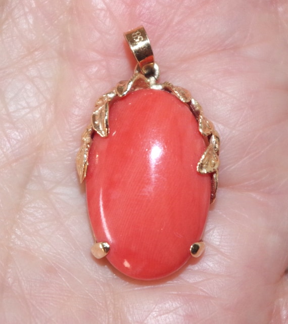 14K Antique Large Carved Red Momo  Coral Pendent