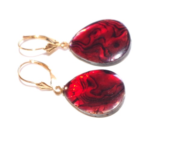 Red Faceted Abalone Shell Tear Drop Lever back Ea… - image 4
