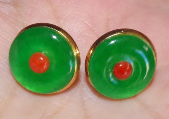 15MM Round Green Jade & 4MM Italian Red Coral 14K… - image 1