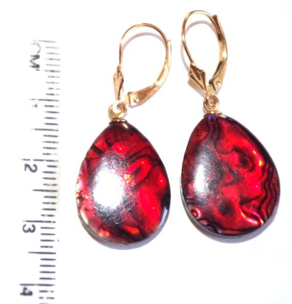 Red Faceted Abalone Shell Tear Drop Lever back Ea… - image 3