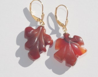 Antique  14K Carved Leaf Carnelian Leverback Earrings