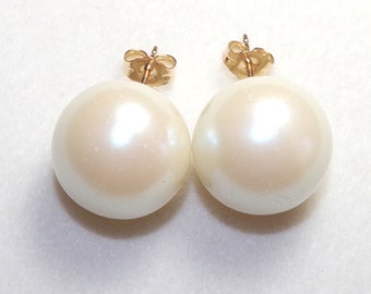16 MM Large Majorca  Old Stock   Quality White  Round Pearl Stud Earrings