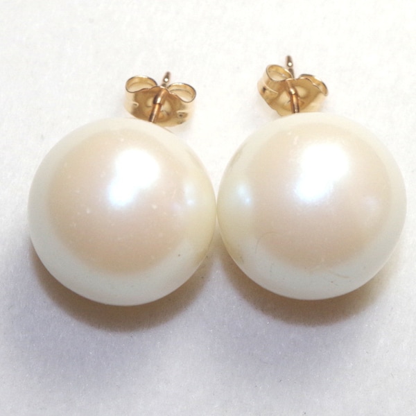 16 MM Large Majorca  Old Stock   Quality White  Round Pearl Stud Earrings