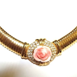 Carved Rose Flower Coral Vintage 14K GF Large Collar Bridal Necklace