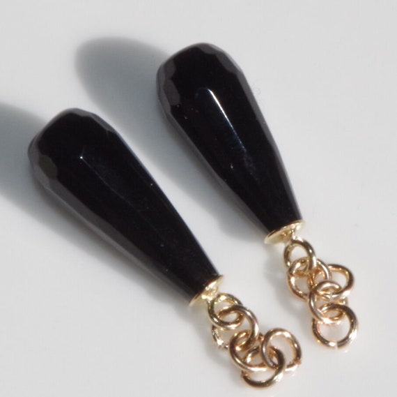 25mm , 14K Gold Onyx Dangle Earrings Jackets ,  Bl