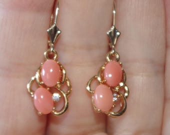 Vintage 14K Gold Angel Skin Coral Earrings with CZ