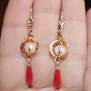 Gorgeous Genuine 1/20 14K Gold Filled Pearl Caged Tear Drop with Italian Red Coral Lever back Earrings