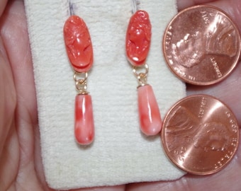 Victorian 14K Undyed  Red Salmon Cameo Coral Stud & Teardrop Earrings